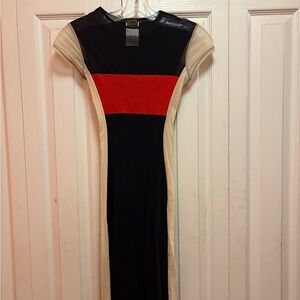 Plein Sud Black and Red Midi Dress with Cream Accents